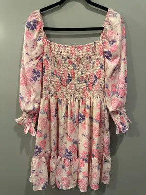 Peach Love Floral Square Neck Ruffle Sleeve Babydoll Dress thumbnail 2