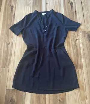 EVERLY Women's Crew Neck Short Sleeve Buttons Casual Black Loose Midi Dresse L thumbnail 1