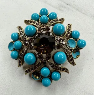 Chico's Faux Turquoise Rhinestone Brooch Pin Antique Gold Tone Signed ✨ thumbnail 1