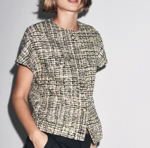 Zara collection black gold sequin tweed button down short sleeve blouse XS S thumbnail 2