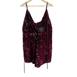 NWT Forever 21 Romper Womens 2X Wine Red Sequin V-Neck NYE‎ Vegas Holiday Glam thumbnail 2