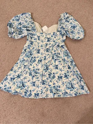 Altar’d State NWT Blue Floral Puff Sleeve Babydoll Mini Dress Medium Cottagecore thumbnail 3