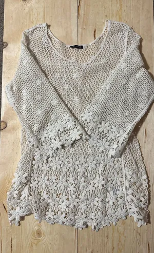 In Style Cream Crochet Lace Boho Tunic Top‎ One Size 100% Cotton thumbnail 1