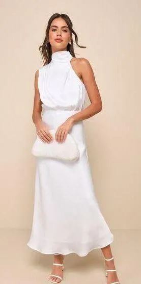 NWOT Lulus Distinctive Charm White Satin Asymmetrical Midi Dress Wedding Size S thumbnail 1