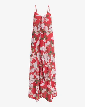 NEW WITH TAG EXPRESS Summer Floral Tie Back Asymmetrical Hem Maxi Red Dress thumbnail 3
