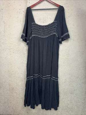 Free People Maxi Dress I'm The One Smocked Easy Fit Ruffle Black sz L thumbnail 3