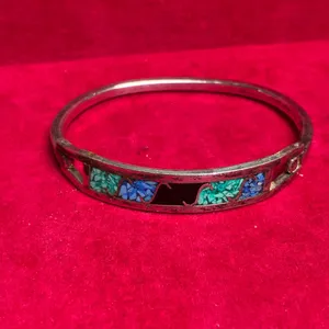 Vintage Mexican Alpaca Silver Hinged Bangle with Turquoise & Lapis Inlay 5 3/4” thumbnail 2