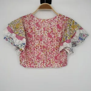 LoveShackFancy Kielle Crop Top Size Medium Pink Floral Twist Front Ruffle Sleeve thumbnail 8