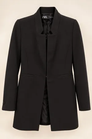 Zara Women Blazer XL Black Open Front Longline Minimalist Crepe Hook-and-Eye thumbnail 1