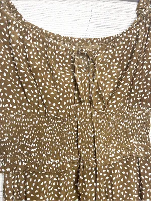 Brown & White Polka Dot Smocked Sleeveless Mini Dress with Ruffle Hem Size Small thumbnail 4