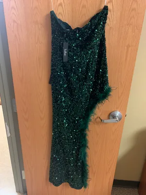 Lulus Everlasting Radiance Emerald Sequin Strapless Feather Maxi Dress thumbnail 3