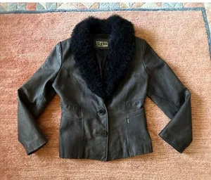 GUESS Dark Olive Genuine Leather Jacket with Black Faux Fur Collar Size S thumbnail 1