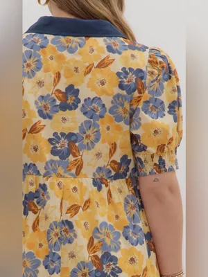 New!Entro Boutique Cotton Yellow Floral Midi Dress Pocket Navy Trim Size 2X thumbnail 7