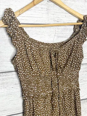 Brown & White Polka Dot Smocked Sleeveless Mini Dress with Ruffle Hem Size Small thumbnail 3