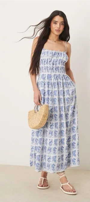 Abercrombie & Fitch Smocked Tie-Front Maxi Dress in Blue White Tile Stamp Medium thumbnail 1
