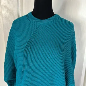 Free People Downtown Teal Blue Knit Asymmetrical Pullover Sweater thumbnail 4