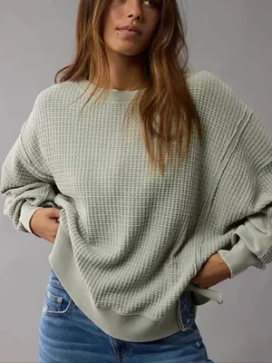 American Eagle Big Hug Waffle Crew Neck Sweatshirt Size Medium Green Big Hug thumbnail 1