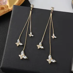 Gold Butterfly Crystal Long Tassel Dangle Drop Earrings for Women thumbnail 4