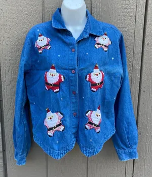 Grandmacore Christmas button down denim shirt women’s size medium santa claus thumbnail 1