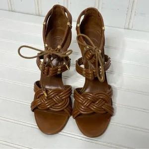 Tory Burch Tan Brown Leather Knotted Strappy Lace Up Stiletto Heels Sandals 9.5M thumbnail 14