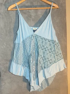 POL Light Blue Lace-Panel Spaghetti Strap Camisole size‎ large Lagenlook boho thumbnail 1