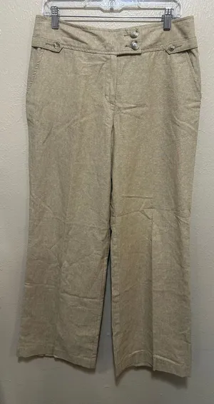 Isaac Mizrahi Womens Linen Blend Trousers Wide Leg Cropped Beige Button Accent‎ Pants Size 8 thumbnail 1