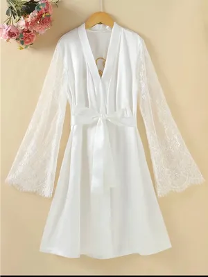 Women's Satin & Lace Robe - White thumbnail 1