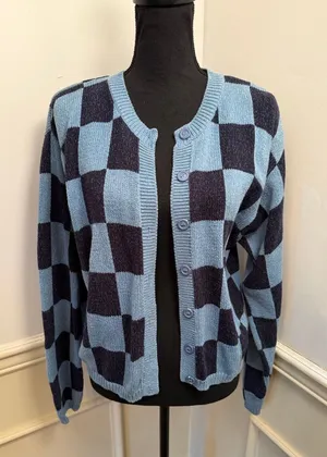 Vintage Liz & Co Checkerboard Knit Cardigan Sweater Blue Y2K Button Up Retro thumbnail 1
