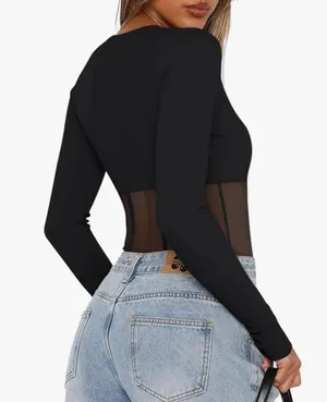REORIA Women's Trendy Sexy Crew Neck Thumbholes Long Sleeve Sheer Mesh Bodysuit thumbnail 9