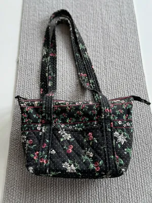 Vintage Handmade Quilted Sewing Bag Black Cherry Print thumbnail 1