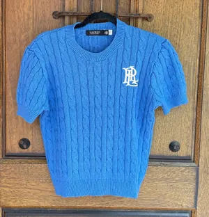 Lauren Ralph Lauren Royal Blue Short-Sleeve Cable-Knit Crewneck Sweater Size L thumbnail 1
