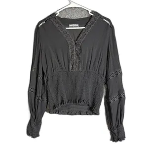 Scarlet Darkness Womens Size Large Black Lace Trim Smocked Waist Gothic Blouse thumbnail 2