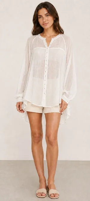 Free People Ivory Button Up High Low Tunic Embroidered Cutout Back M thumbnail 1