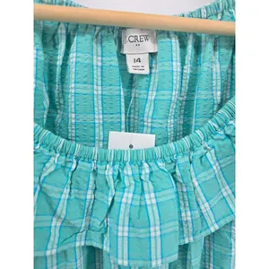 J.Crew Dress Womens 14 Green Plaid Ruffle Neck Tiered Seersucker BP802 New thumbnail 2