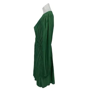 Zara Green Silk Satin Pleated Plisse Long Sleeve V Neck Fit & Flare Mini Dress M thumbnail 2