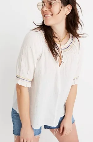 Madewell Smocked Short Sleeved Peasant Top Size Medium thumbnail 1