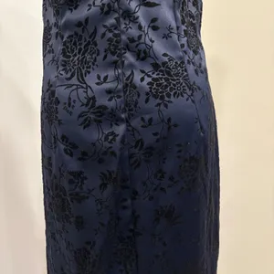VTG 90s CDC Navy Blue Black Flocked‎ Velvet Floral Mandarin Collar Midi Dress 10 thumbnail 8