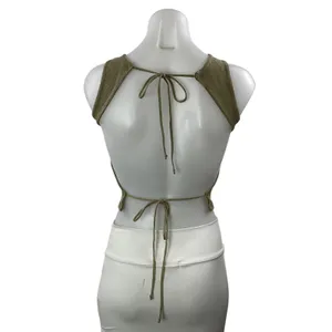 Zara Women's Olive Green Ribbed Knit Open Back Backless Tie Crop Top Size M thumbnail 3