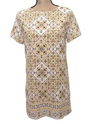 Lulu's Dandy Lion Mini Shift Dress Yellow Beige Tile Print Euro‎ Summer Size XS thumbnail 1