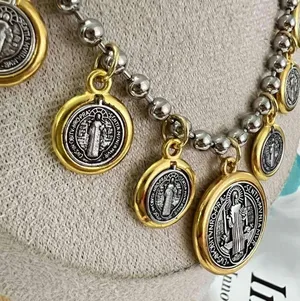 Anthropologie Gold Silver Plated Dangling Coins Necklace Beaded Chain stainless steel jewelry thumbnail 12
