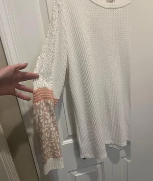 White Waffleknit top with Pink cheetah and lace accents Long Sleeve Top by BiBi thumbnail 7