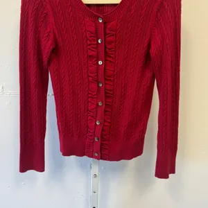 Eddie Bauer Red Cable Knit Ruffle Button Front Cardigan Sweater XS Holiday thumbnail 4