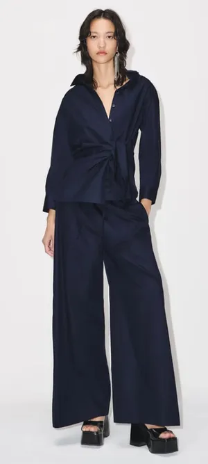 NWT ZARA navy blue wide-leg poplin trousers. Size Medium thumbnail 1