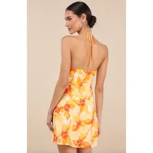 Lulus Prue Orange Floral Halter Mini Dress Rayon Resortwear Vacation XL NWT thumbnail 2
