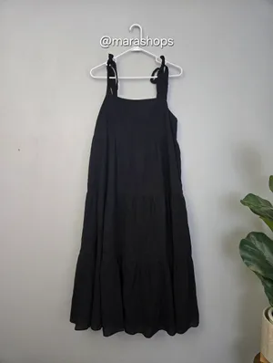Madewell Tie-Strap Tiered Midi Dress Black thumbnail 3
