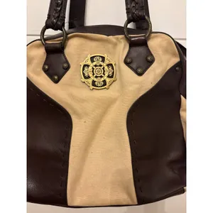 Kate Landry Brown Leather Tan Canvas Shoulder Bag Crest Braided Straps Boho thumbnail 2