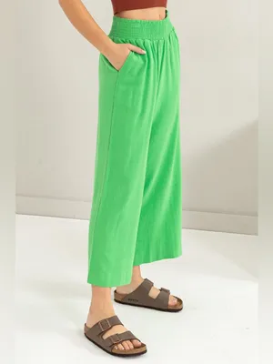 HYFVE Linen Blend Wide Leg Pants High Rise Smocked Waist Kelly Green M thumbnail 4