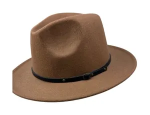 Brown Wool Blend Fedora‎ Hat Black Buckle Wide Brim 11.5" Unisex Fall Fashion thumbnail 1