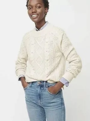 J.Crew | Medium | Cream White Pom Pom Cable Knit Sweater Lambswool Blend thumbnail 1