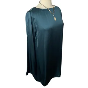 NWOT MADEWELL Long Bell Sleeve Satin Shift Dress in‎ Smoky Spruce, Medium thumbnail 7